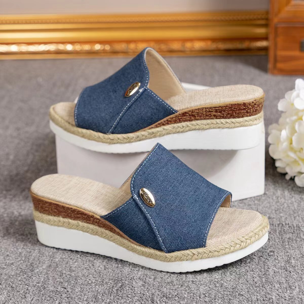 Denim Canvas Wedges Sandalen