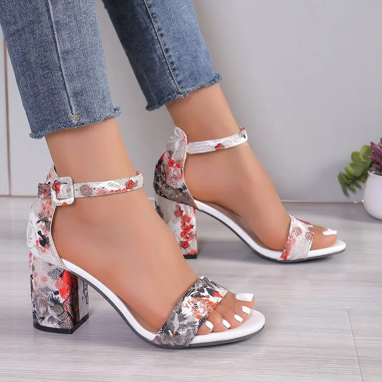 Bunte Blumenmuster Sandalen mit hohem Absatz