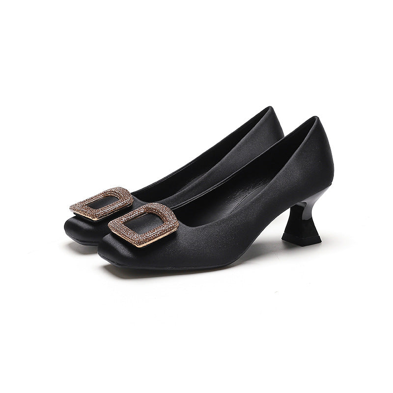 Damen Elegante Satin Schwarz Strass Quadratische Zehe Mittlere-Niedrige Ferse Pumps