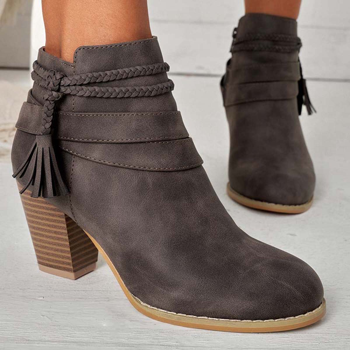 Western Tassel Chunky Block Heel Ankle Boots Side Zipper Booties Oshnow