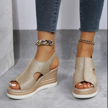 Damen Gold Glitter Wedge